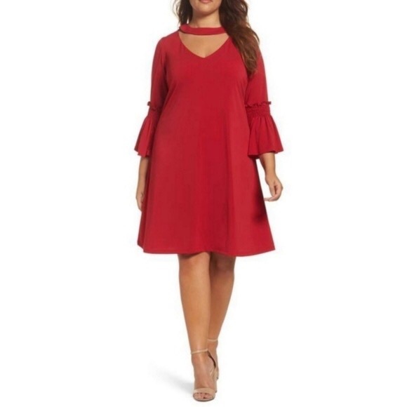 Gabby Skye Dresses & Skirts - Plus Size Red Choker Dress with Bell sleeves